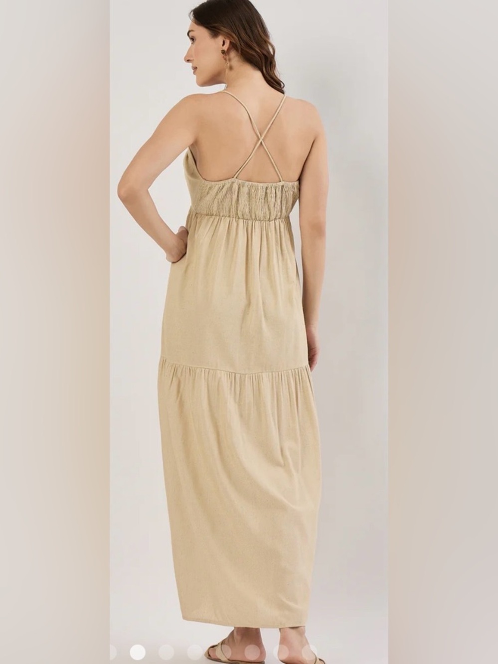 Sim & Sam Beige Linen Blend Maxi Dress Medium Boho Smocked Beige Natural Resort - Picture 2 of 7